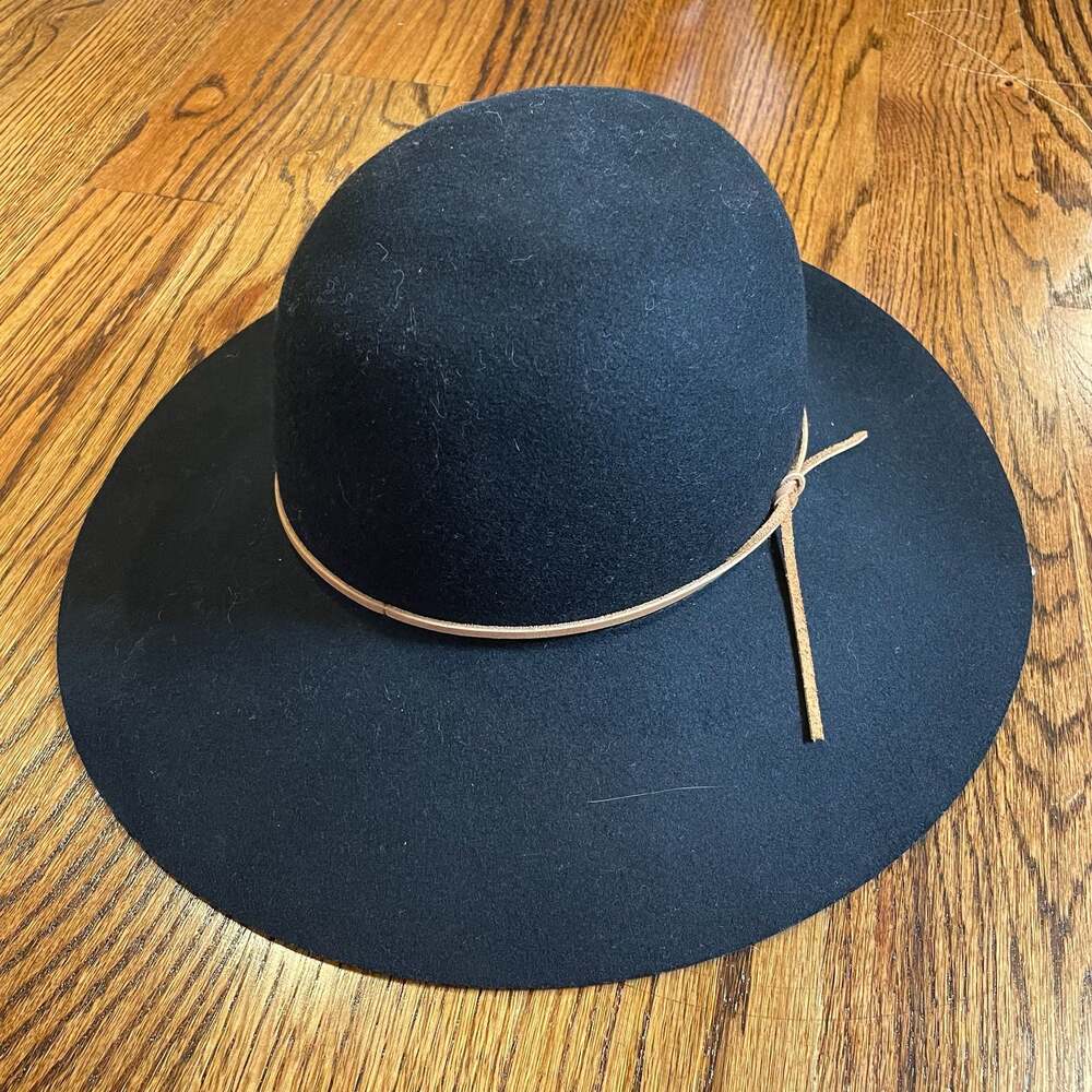 Phenix Black Wool Wide Brim Fedora Hat with Leather Trim One Size